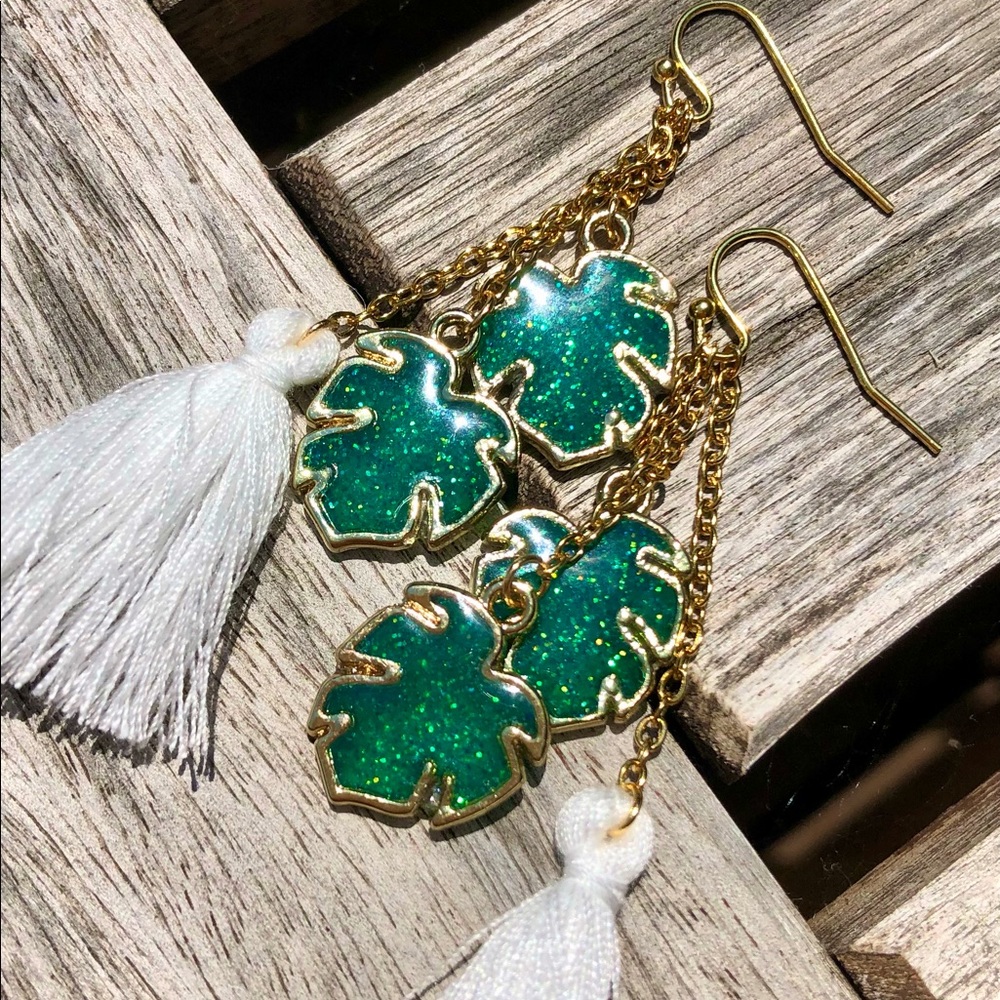 Green Glitter Monstera Leaf Gold Plated Earrings